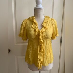 Anthropologie Odille Yellow Gauze Dot Sheer Ruffle Blouse